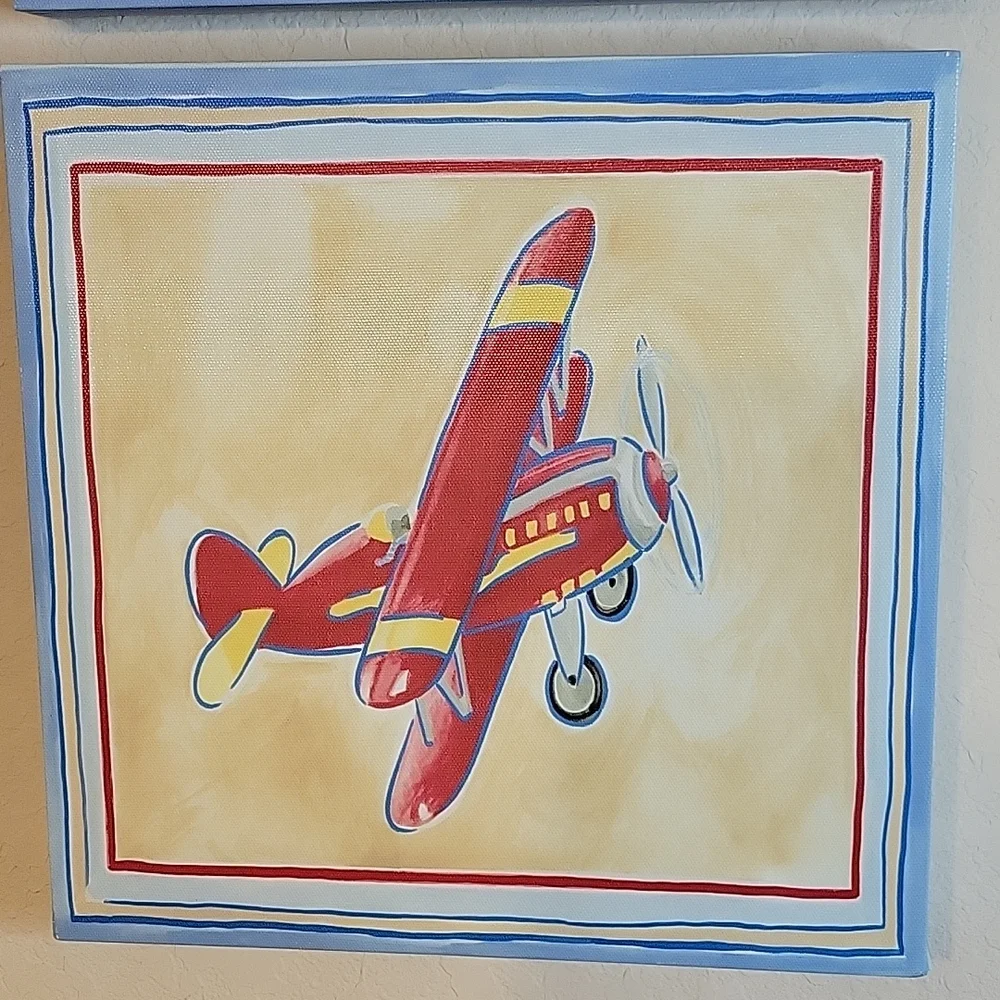 Vintage Airplane Wall Art Pair - Red & Blue Children's Prints